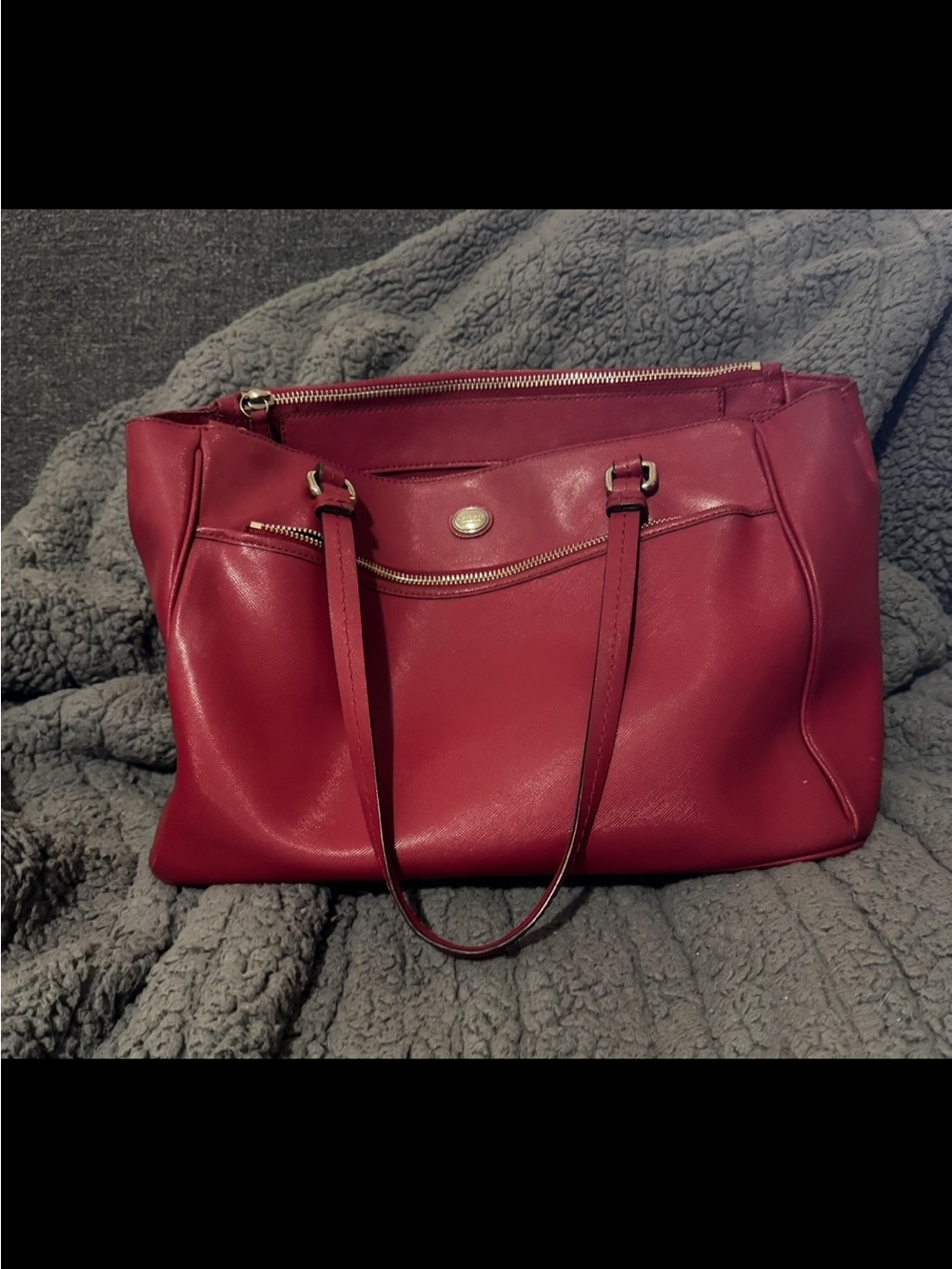 Coach Cherry Red Leather Tote with Zip Front Pocket